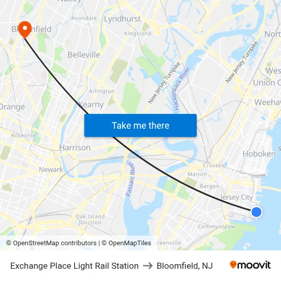 Exchange Place Light Rail Station to Bloomfield, NJ map