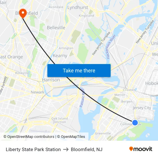 Liberty State Park Station to Bloomfield, NJ map