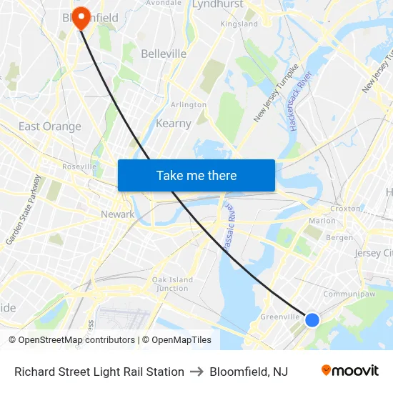 Richard Street Light Rail Station to Bloomfield, NJ map