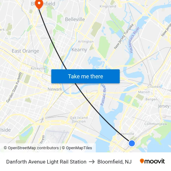 Danforth Avenue Light Rail Station to Bloomfield, NJ map