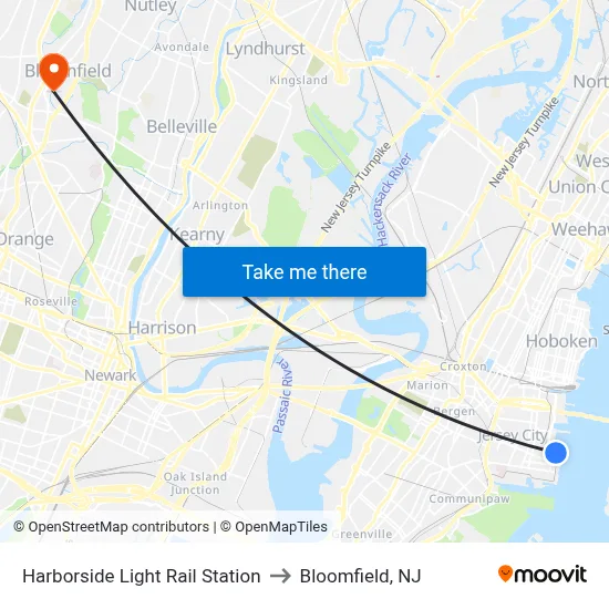 Harborside Light Rail Station to Bloomfield, NJ map
