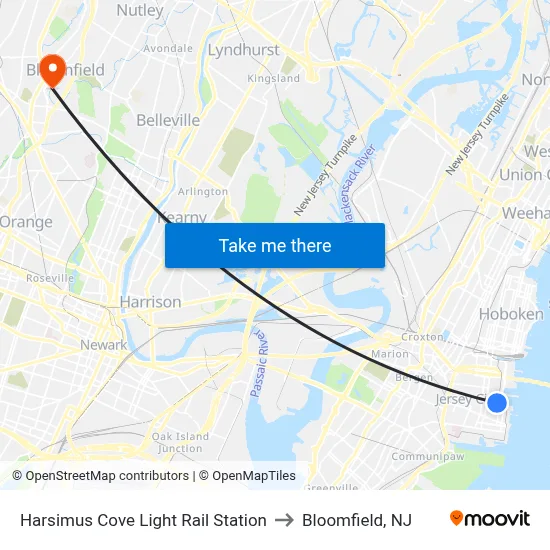 Harsimus Cove Light Rail Station to Bloomfield, NJ map