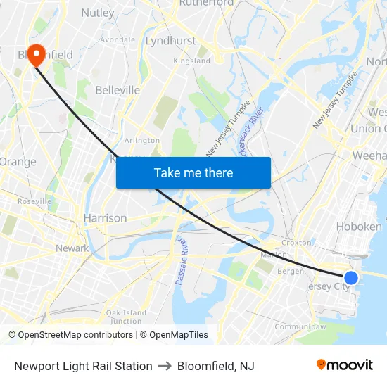 Newport Light Rail Station to Bloomfield, NJ map