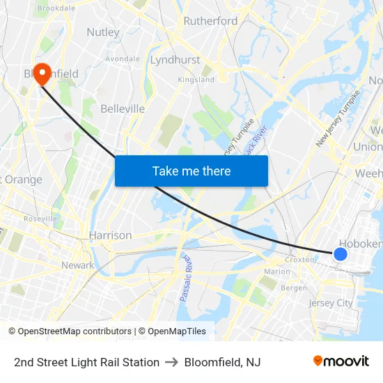 2nd Street Light Rail Station to Bloomfield, NJ map