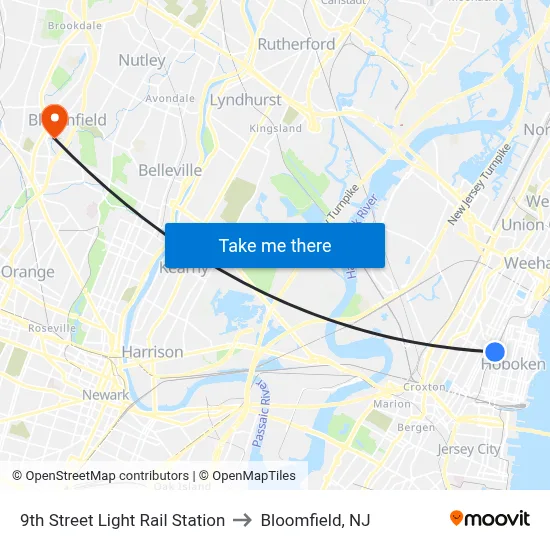 9th Street Light Rail Station to Bloomfield, NJ map