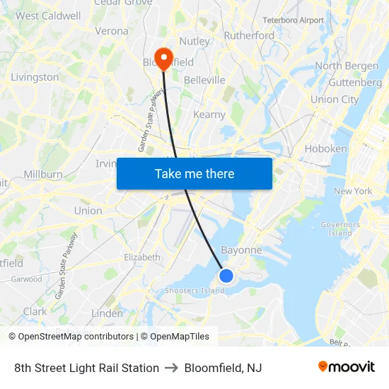 8th Street Light Rail Station to Bloomfield, NJ map