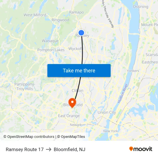 Ramsey Route 17 to Bloomfield, NJ map