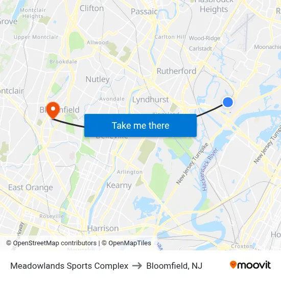 Meadowlands Sports Complex to Bloomfield, NJ map
