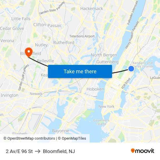 2 Av/E 96 St to Bloomfield, NJ map