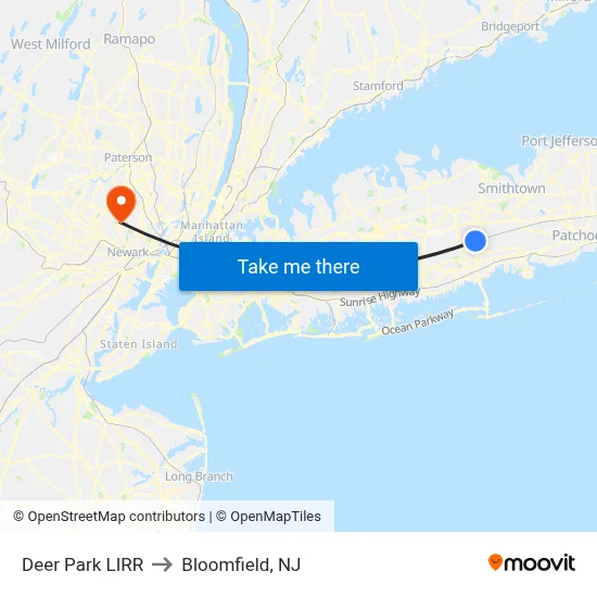 Deer Park LIRR to Bloomfield, NJ map