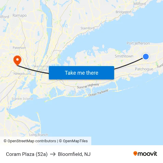 Coram Plaza (52a) to Bloomfield, NJ map