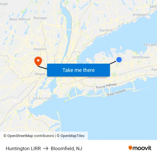 Huntington LIRR to Bloomfield, NJ map