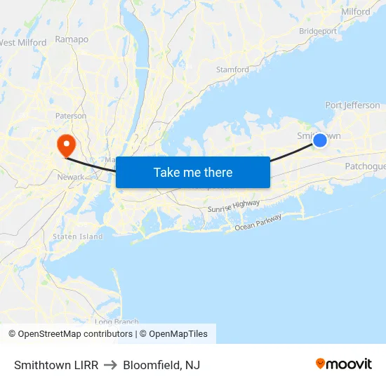 Smithtown LIRR to Bloomfield, NJ map