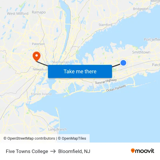 Five Towns College to Bloomfield, NJ map