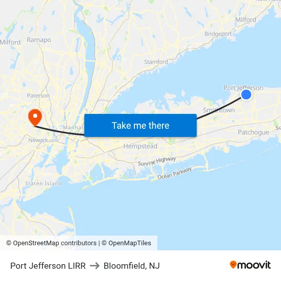Port Jefferson LIRR to Bloomfield, NJ map