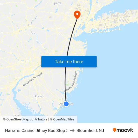 Harrah's Casino Jitney Bus Stop# to Bloomfield, NJ map