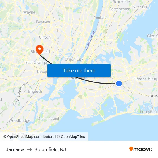Jamaica to Bloomfield, NJ map