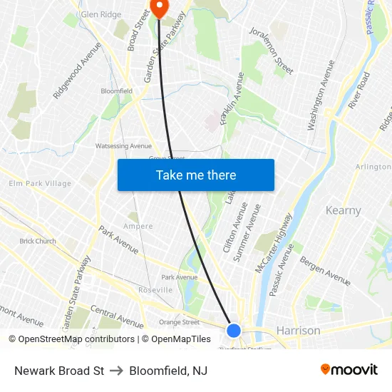 Newark Broad St to Bloomfield, NJ map