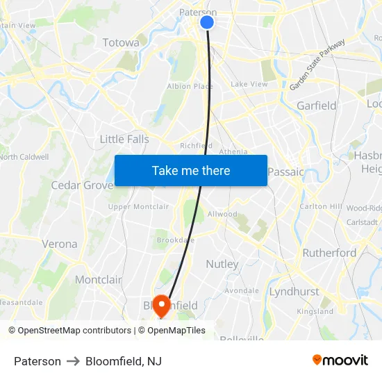 Paterson to Bloomfield, NJ map