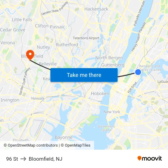 96 St to Bloomfield, NJ map