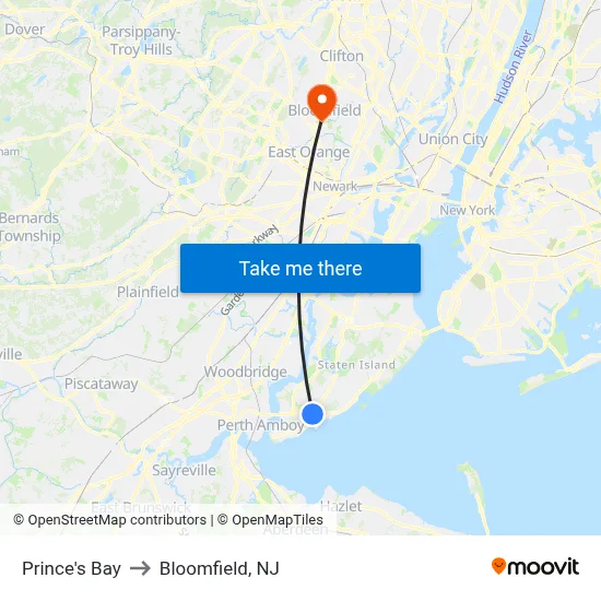 Prince's Bay to Bloomfield, NJ map