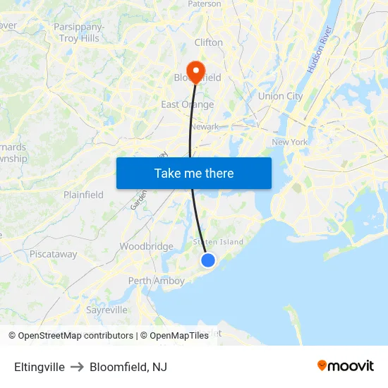 Eltingville to Bloomfield, NJ map