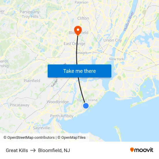 Great Kills to Bloomfield, NJ map