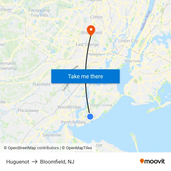 Huguenot to Bloomfield, NJ map