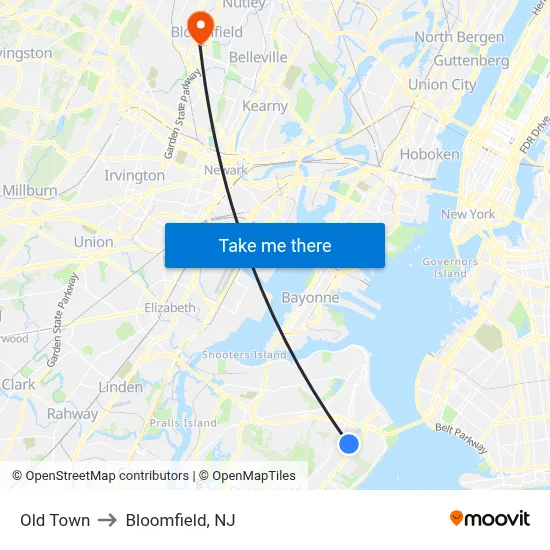 Old Town to Bloomfield, NJ map