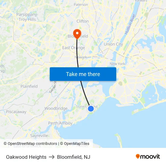 Oakwood Heights to Bloomfield, NJ map