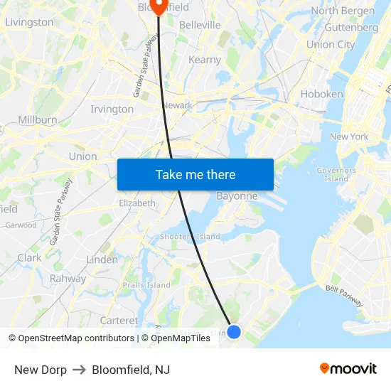 New Dorp to Bloomfield, NJ map