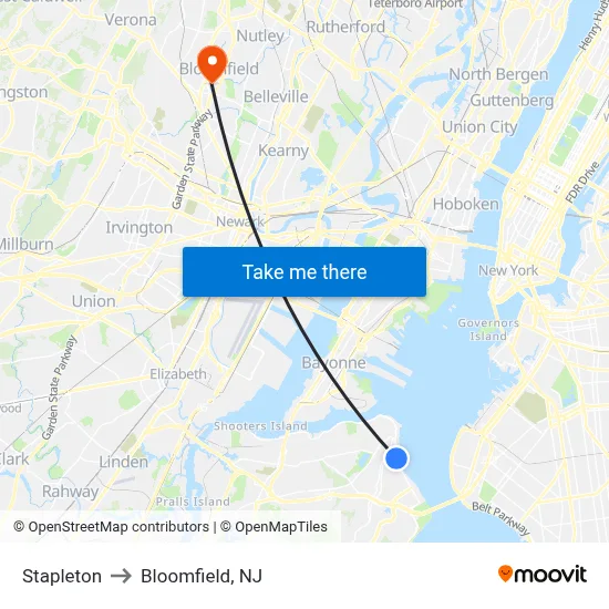 Stapleton to Bloomfield, NJ map