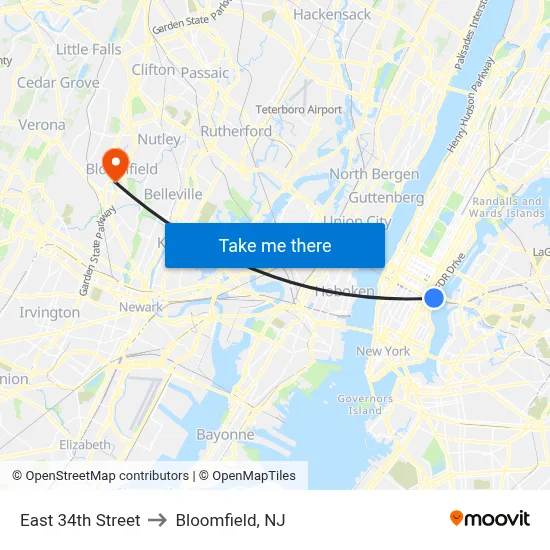 East 34th Street to Bloomfield, NJ map