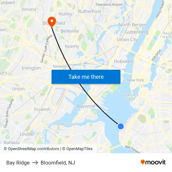 Bay Ridge to Bloomfield, NJ map