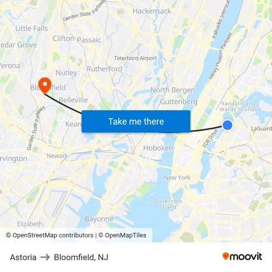 Astoria to Bloomfield, NJ map