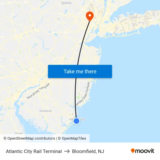 Atlantic City Rail Terminal to Bloomfield, NJ map