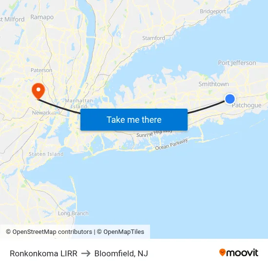 Ronkonkoma LIRR to Bloomfield, NJ map