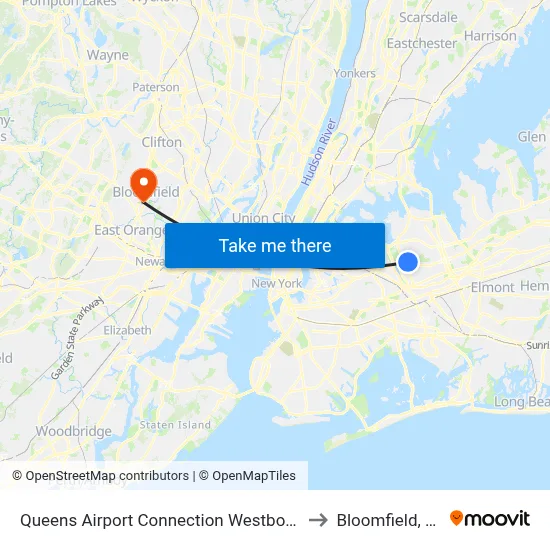 Queens Airport Connection Westbound to Bloomfield, NJ map