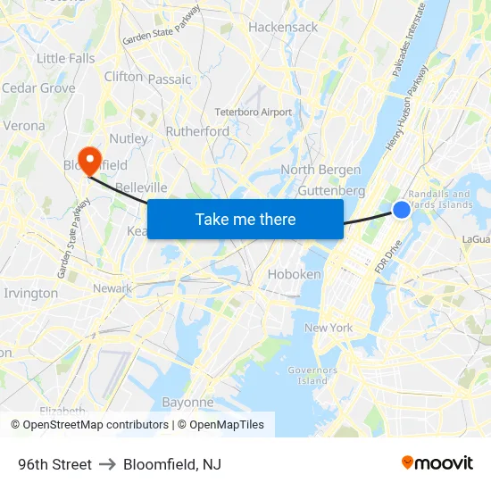 96th Street to Bloomfield, NJ map