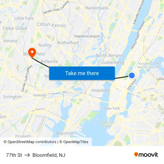 77th St to Bloomfield, NJ map