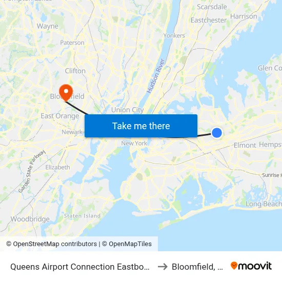 Queens Airport Connection Eastbound to Bloomfield, NJ map