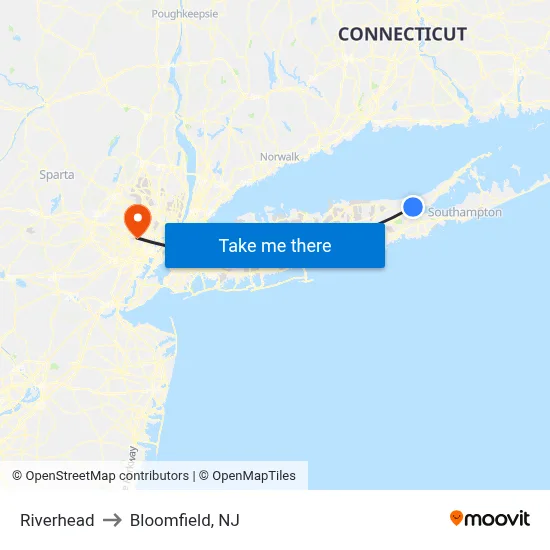 Riverhead to Bloomfield, NJ map