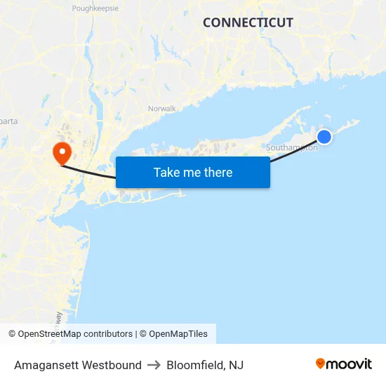 Amagansett Westbound to Bloomfield, NJ map