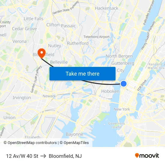 12 Av/W 40 St to Bloomfield, NJ map