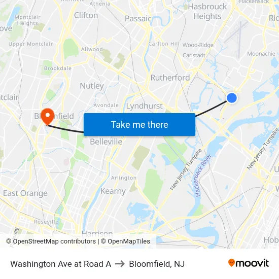 Washington Ave at Road A to Bloomfield, NJ map