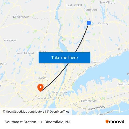 Southeast Station to Bloomfield, NJ map