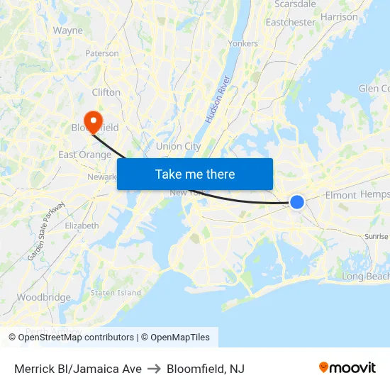 Merrick Bl/Jamaica Ave to Bloomfield, NJ map