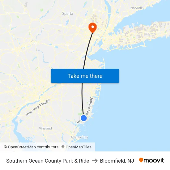 Southern Ocean County Park & Ride to Bloomfield, NJ map
