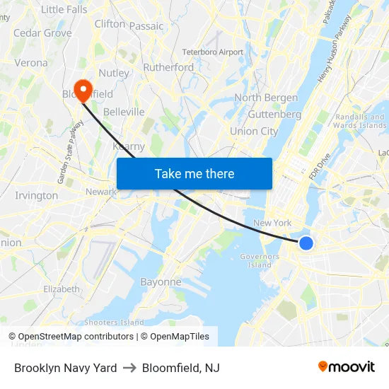 Brooklyn Navy Yard to Bloomfield, NJ map