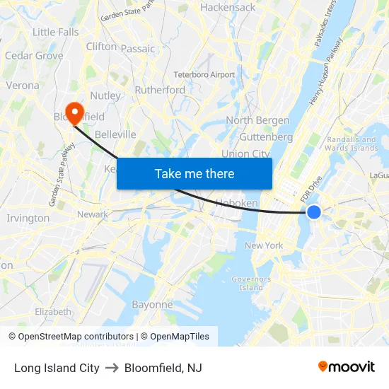 Long Island City to Bloomfield, NJ map